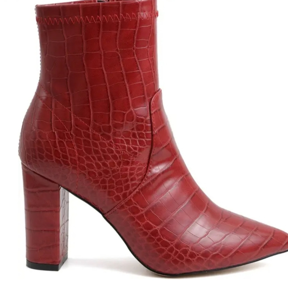 Catherine Malandrino Red Croc-Embossed Block Heel Ankle Boots